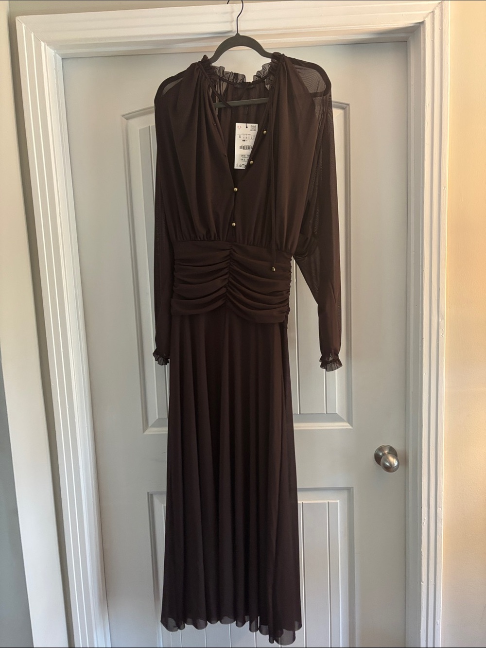Zara Brown Long Sleeve Ruched Waist Maxi Dress